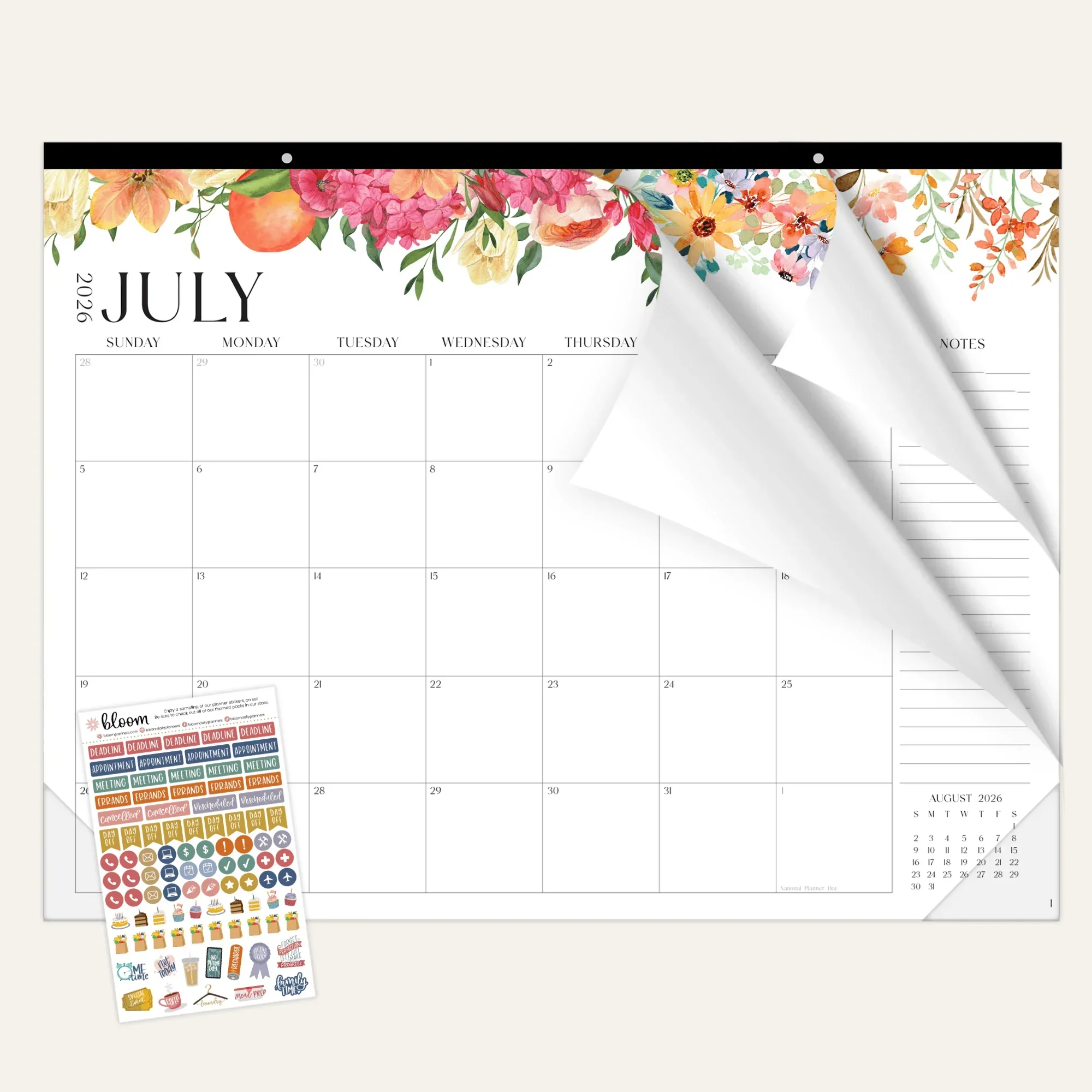 2026–27 Academic Desk & Wall Calendar, 16" x 21" | Seasaonal Florals