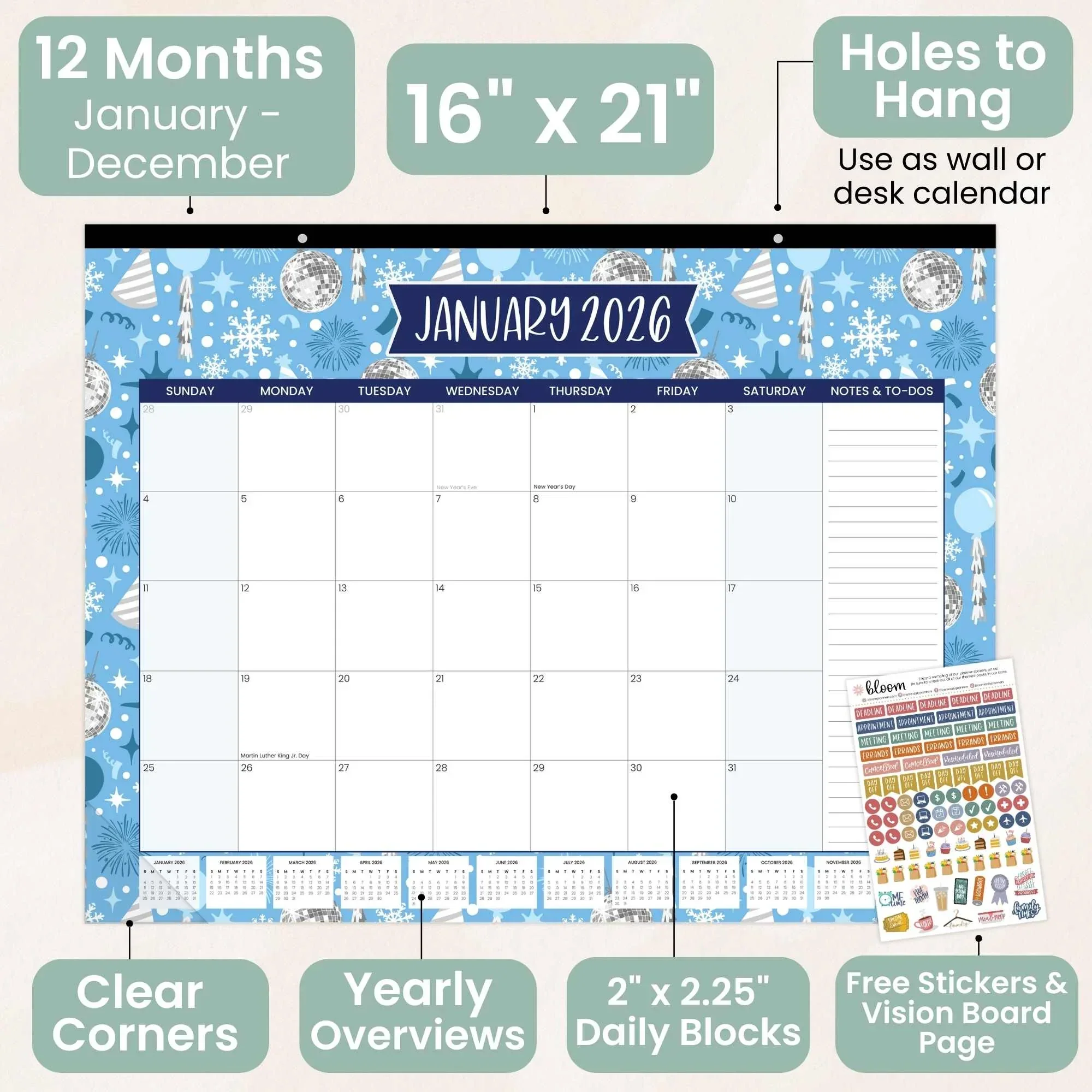 2026 Desk & Wall Calendar, 16" x 21" | Holiday Icons - Image 3