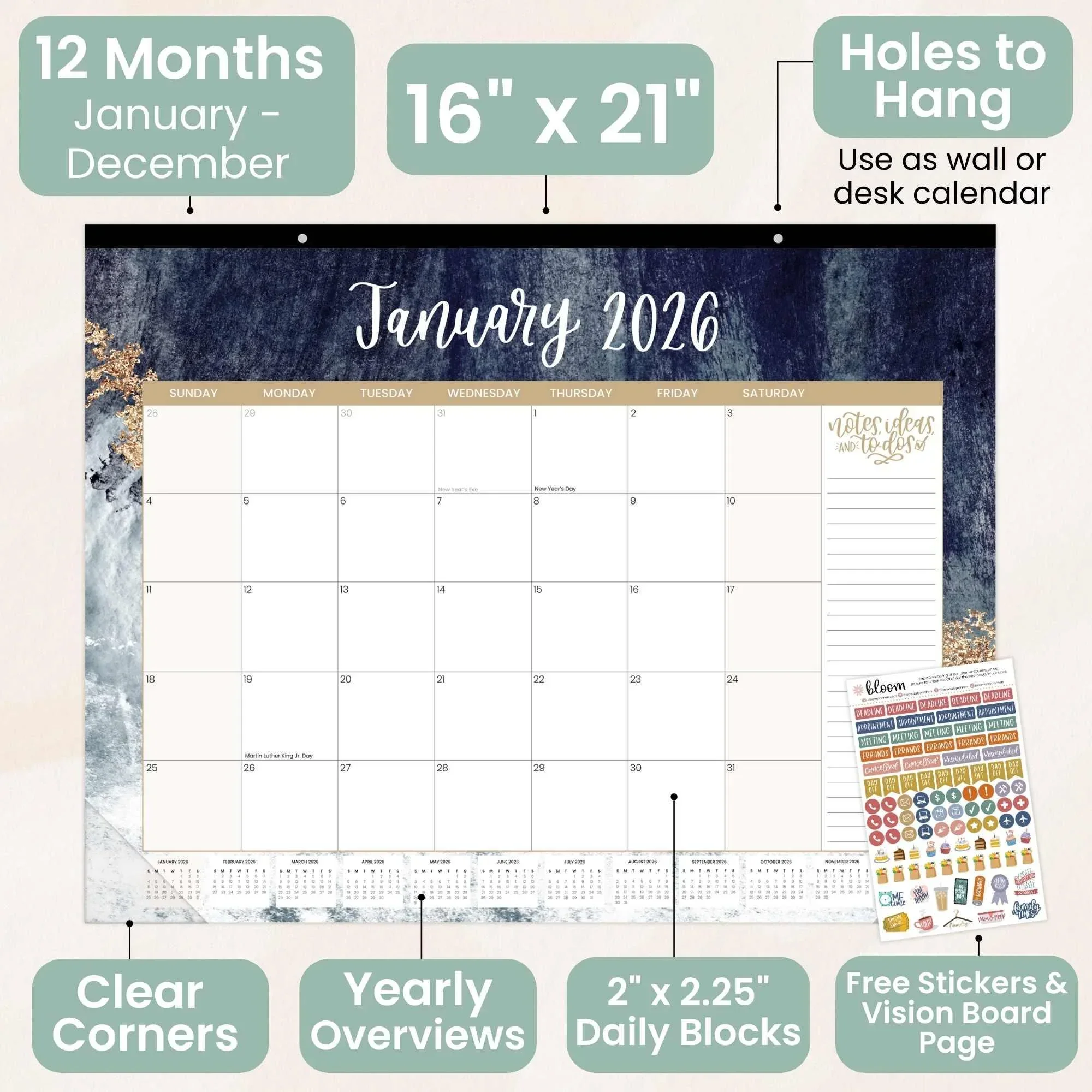 2026 Desk & Wall Calendar, 16" x 21" | Watercolor - Image 3