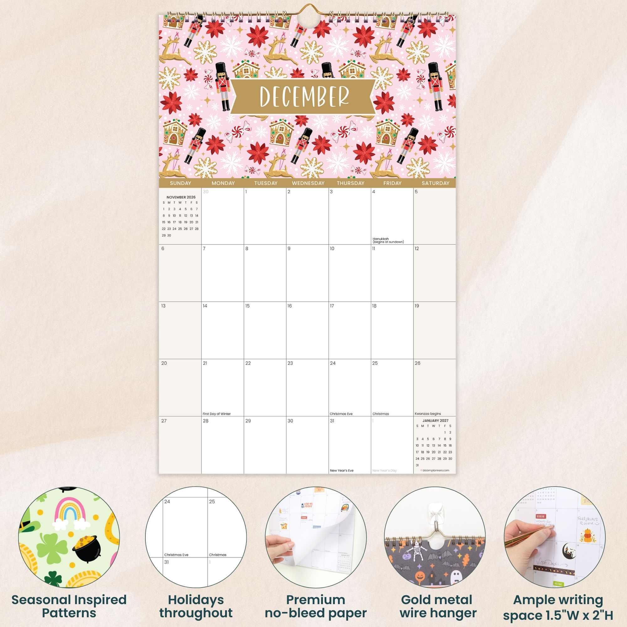 2026 Hanging Calendar, 11" x 17", Holiday Icons - Image 3