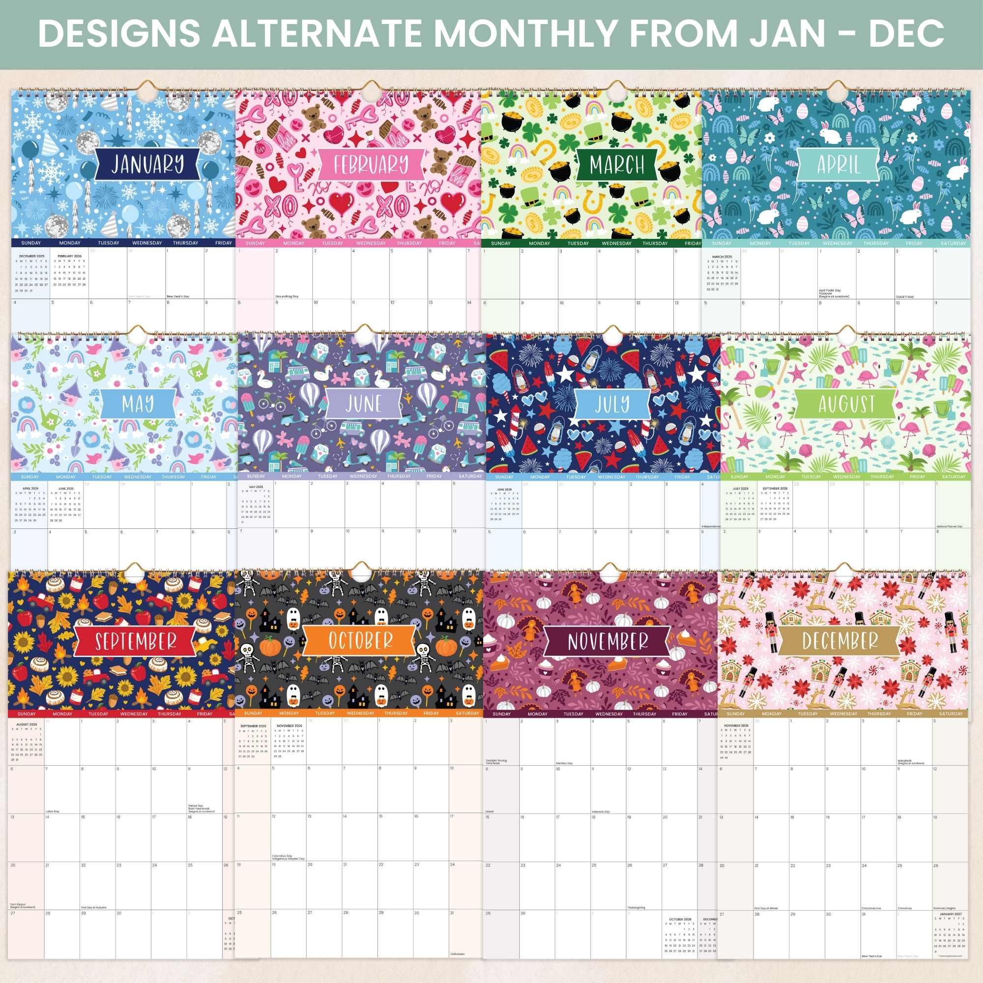 2026 Hanging Calendar, 11" x 17", Holiday Icons - Image 5