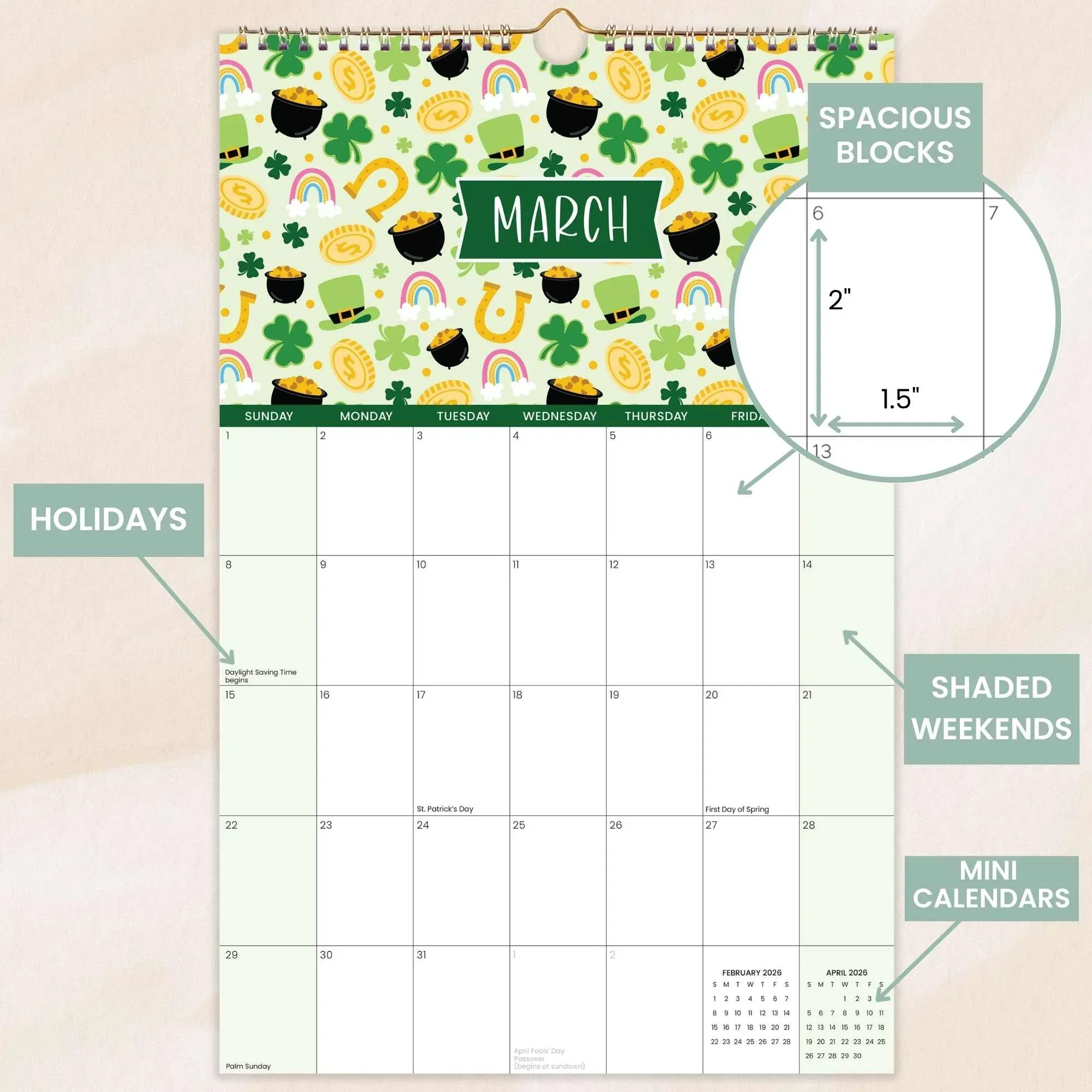 2026 Hanging Calendar, 11" x 17", Holiday Icons - Image 6