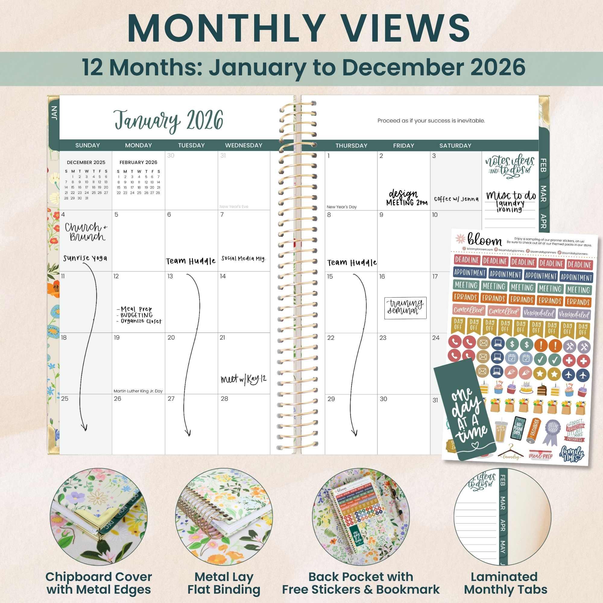 2026 Hard Cover Planner, 5.5" x 8.25", Garden Party, Beige - Image 3