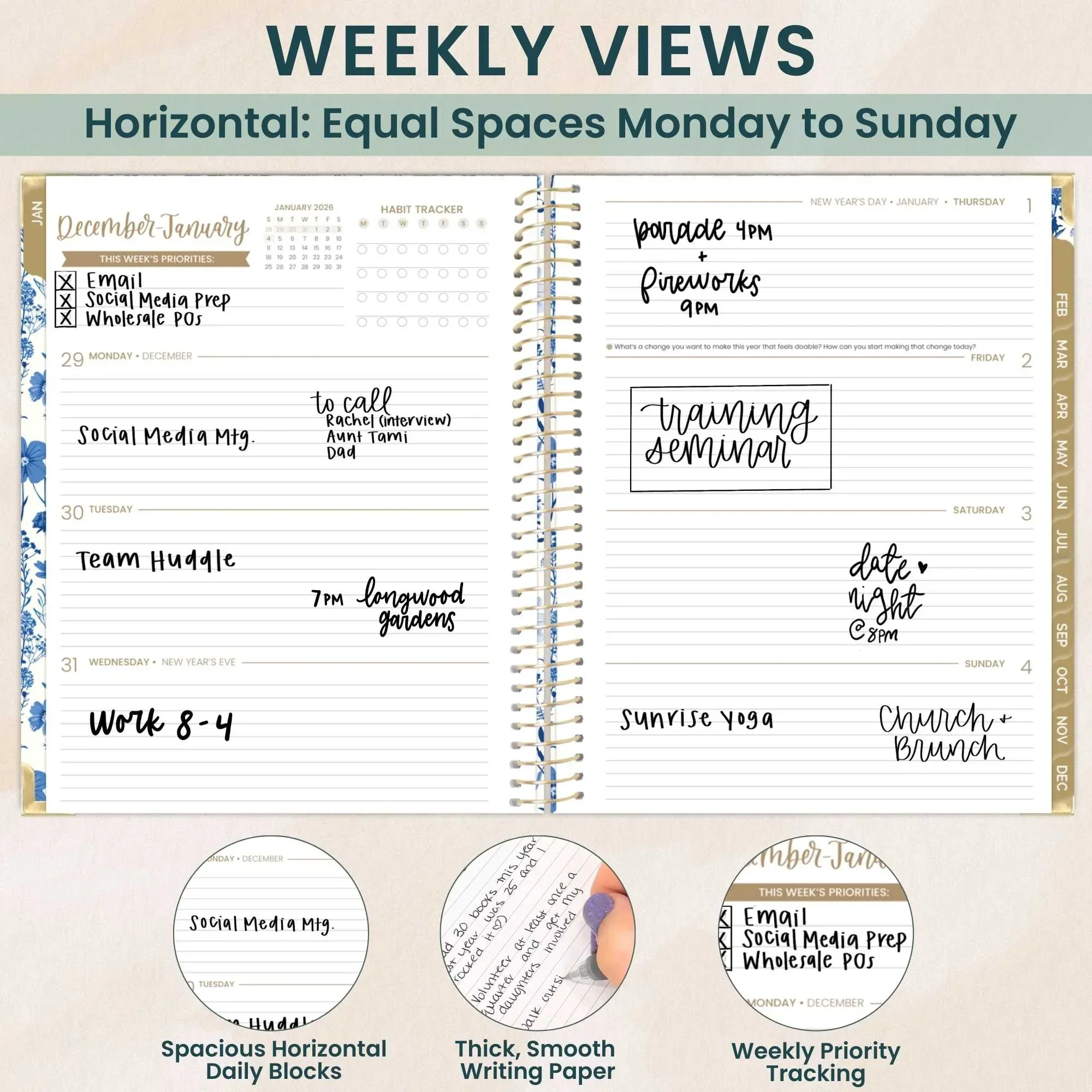 2026 Hard Cover Planner, 8.5" x 11", Blue & White Floral - Image 5