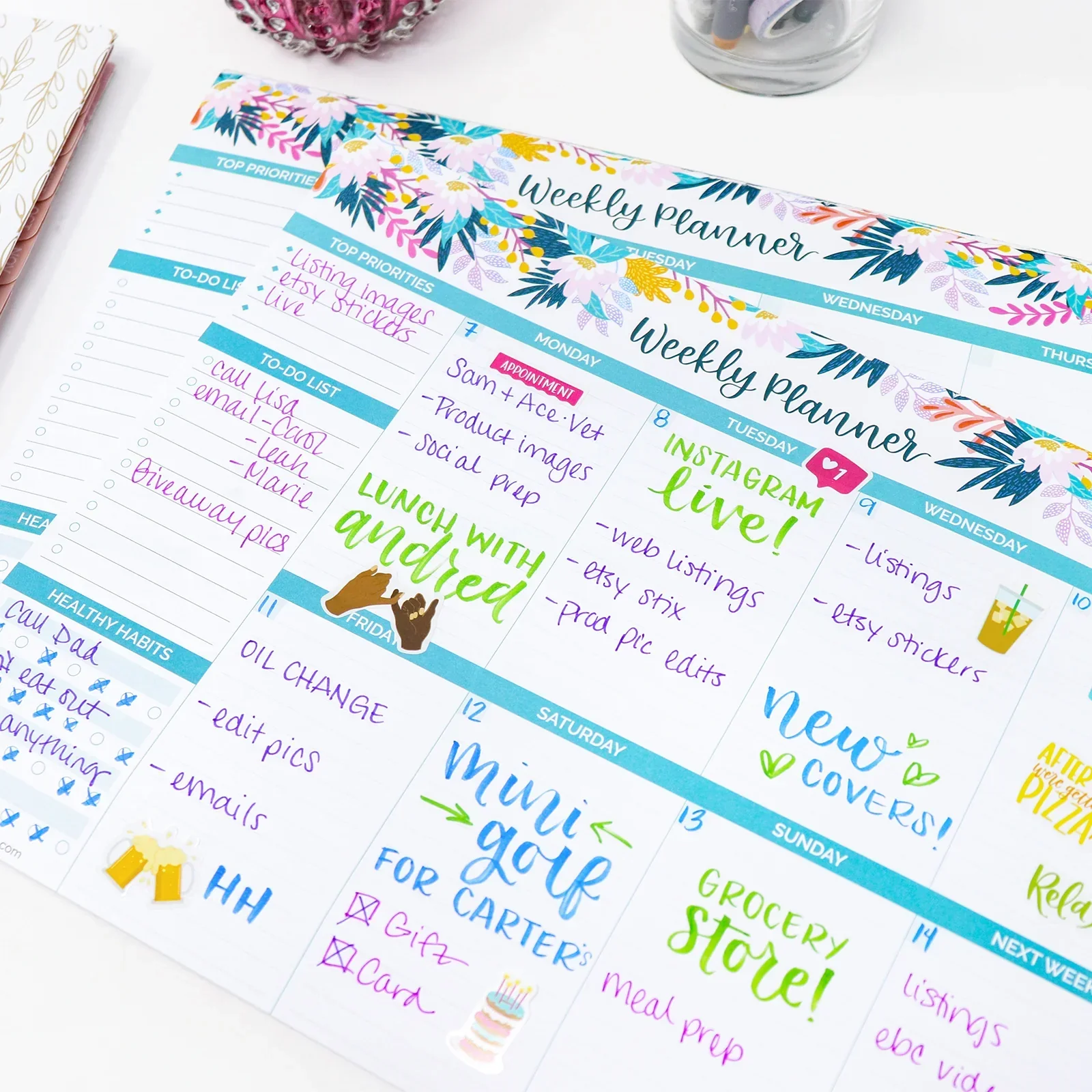 Planning Pad, 8.5" x 11", Horizontal Weekly Planner, Teal Floral - Image 9