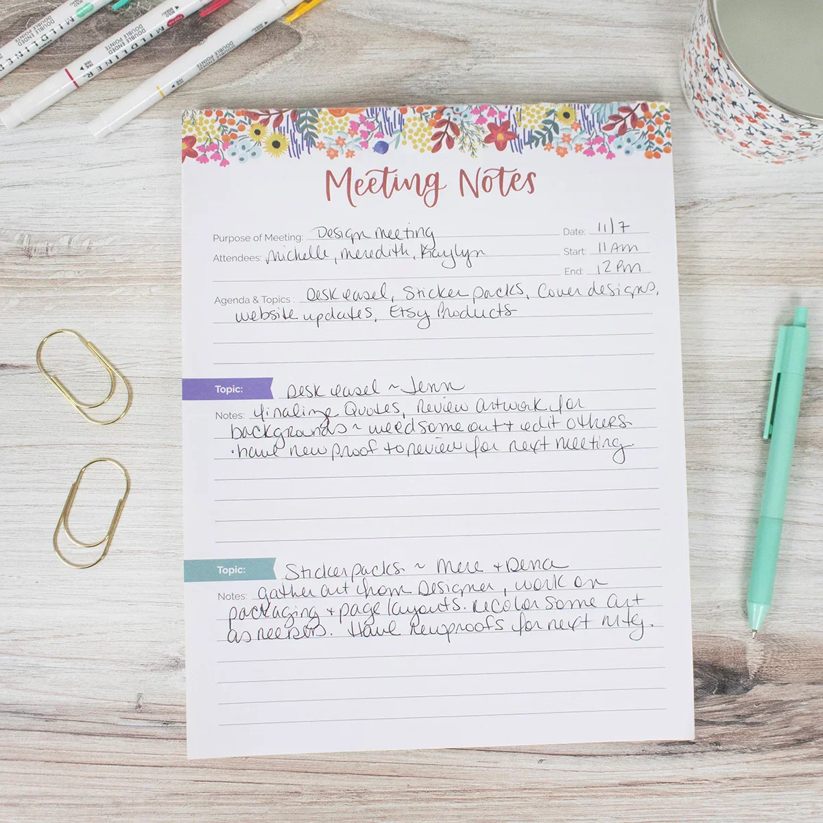 Planning Pad, 8.5" x 11", Double Sided Meeting Notes, Floral Dots - Image 6